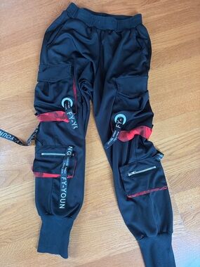 Forever Young Black and Red Hip Hop Harlem Joggers with Urban Style M